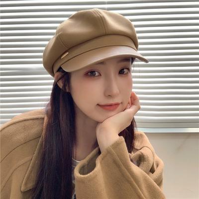 Spring and Autumn Hat Women's Autumn and Winter Versatile Temperament Leather Along Wool Octagonal Hat Quality Retro Newsboy Hat