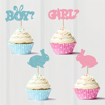 24Pcs Boy and Girl Cupcake Toppers Blue Pink Bunny Baby Gender Reveal Party Decoration Easter Theme Cake Insert Card and 1000pcs Cake Cup.