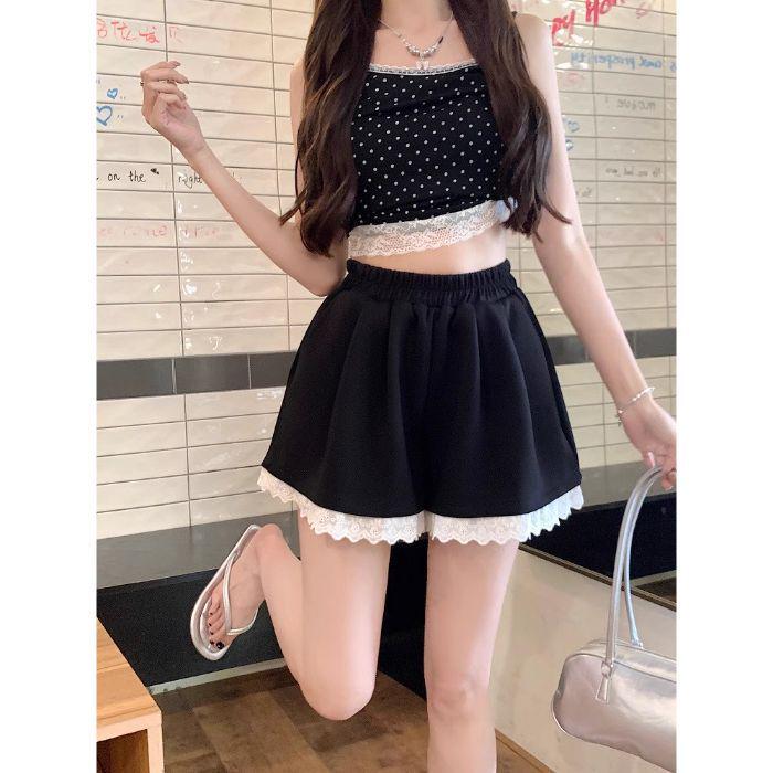 Graue Spitzenbesatz Casual Weite Hosen - Damen Elastischer Bund, Schlankmachend, Frühjahrs-Shorts