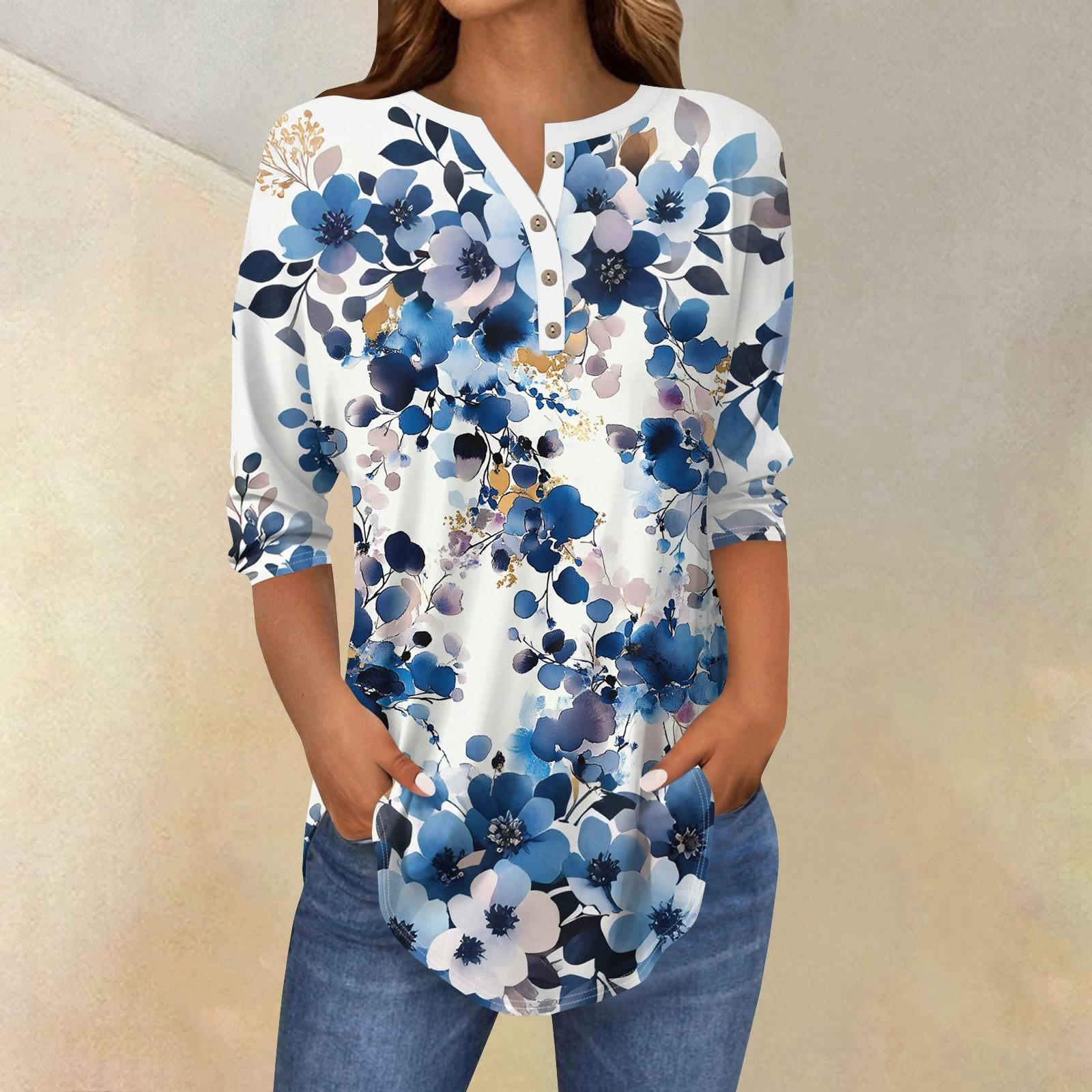 

Рубашки с рукавом 3/4 для женщин, модные, повседневные, с круглым вырезом, с принтом, футболка, топ XL синий