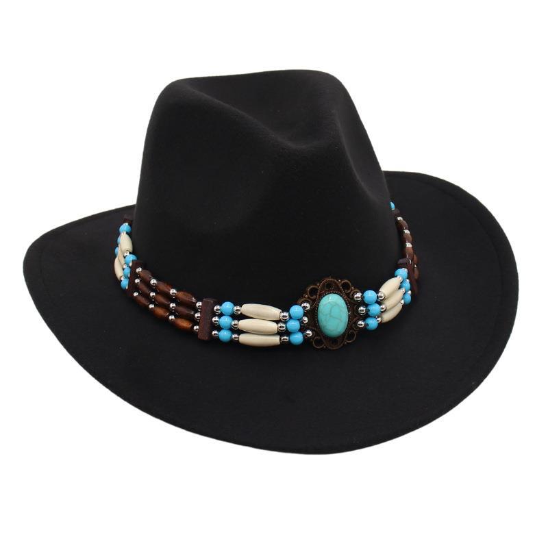 Ethnic Style Western Cowboy Top Hat Turquoise Horseback Riding Jazz Hat Crimped Felt Hat Literary And Retro Sun Hat