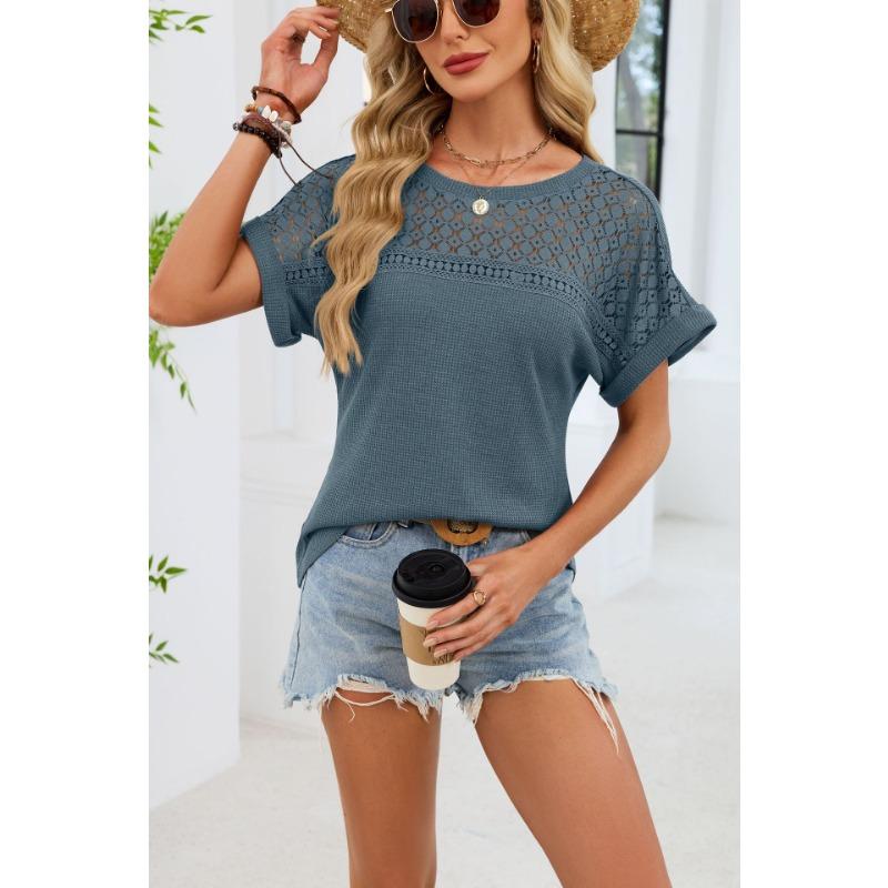 New Hollow Out Lace Patchwork Sweet Blouse Women Casual Simple Summer New Round Neck Shirts Ladies Loose Short Sleeved T-shirt Top for Women Clothing