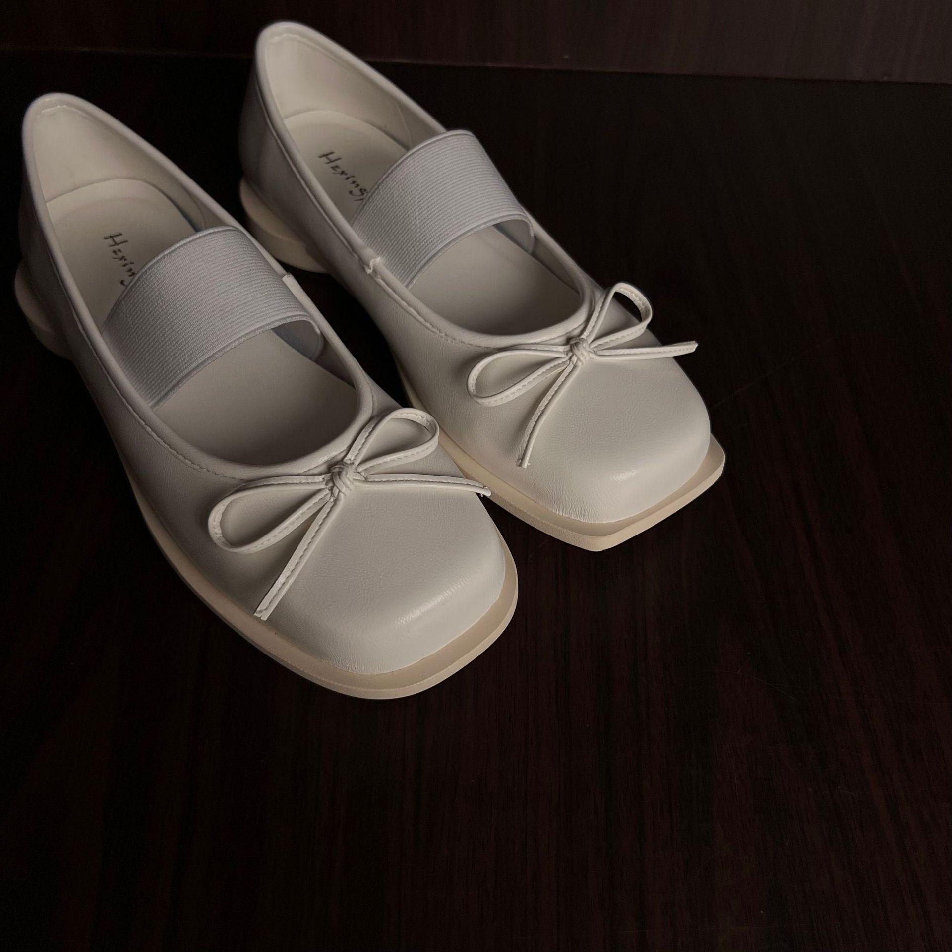 

Cowhide version~ Square head shallow mouth Mary Jane shoes women s new bow leather single shoes ballet platform small leather shoes 40 белый