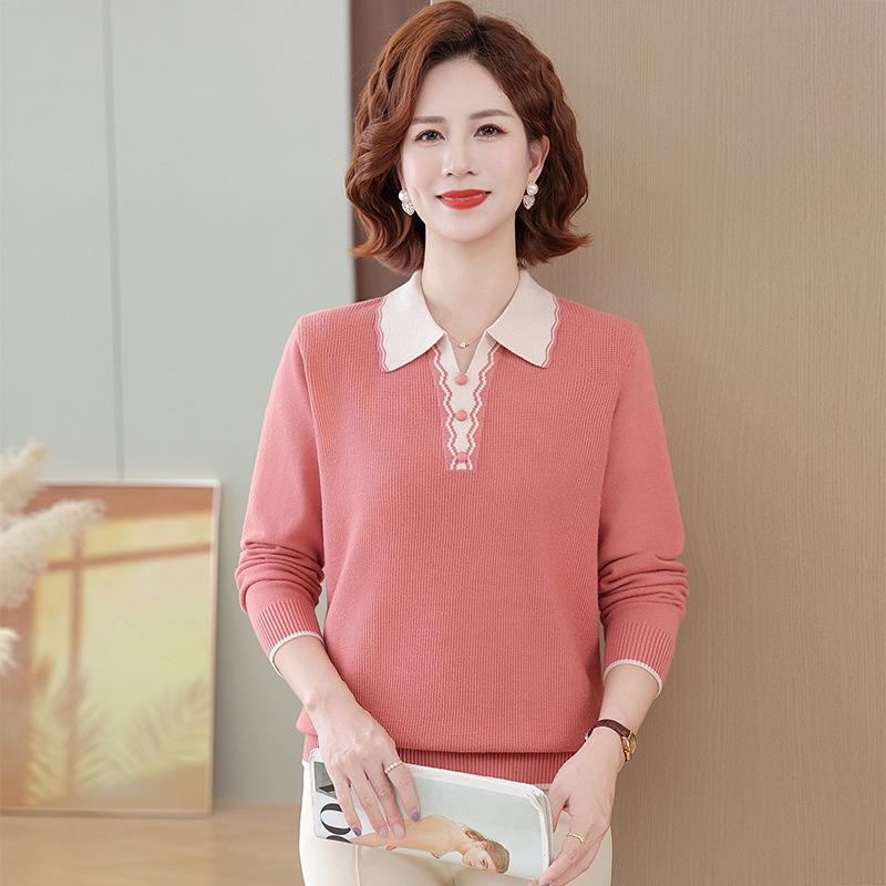 Stylish Long-Sleeve Knit Top for Moms - Spring/Autumn Lapel Base Layer for Middle-Aged & Elderly 5XL (Recommended 150-165 jin) красный