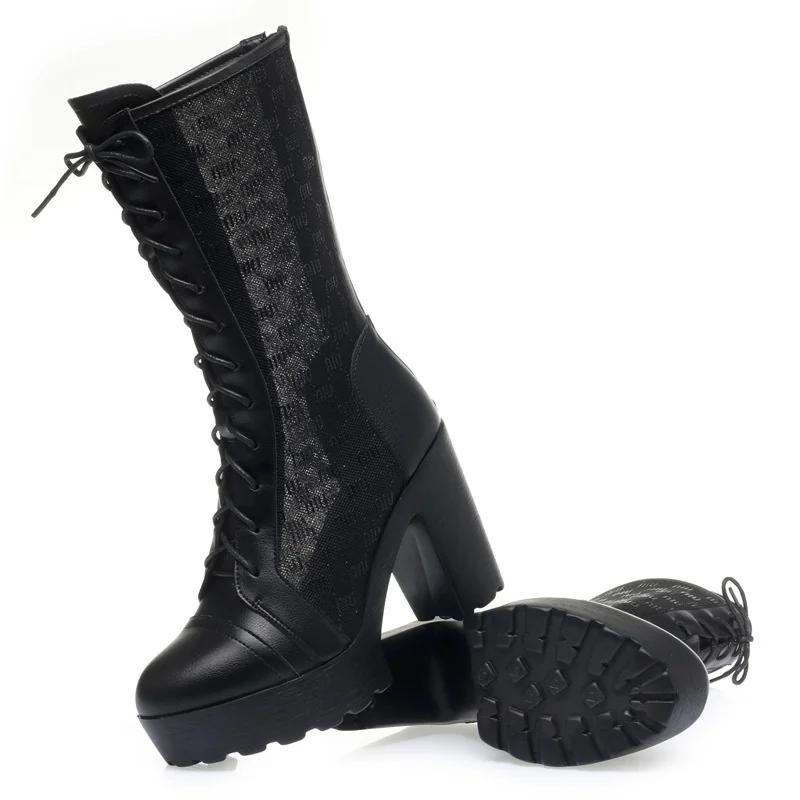 Women Mesh Fashion Black High Heel Platform Boots Spring Summer Modern Comfortable Soft Leather Thick Sole Mid Calf Boots