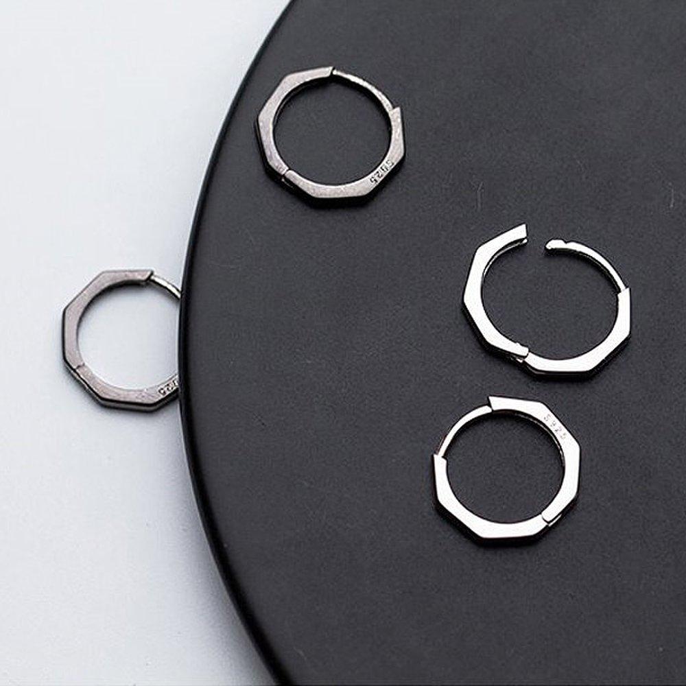 

(Pair) P0931W Silver 925 Simple Octagon Ring Earrings Piercing 1 pair of tungsten black