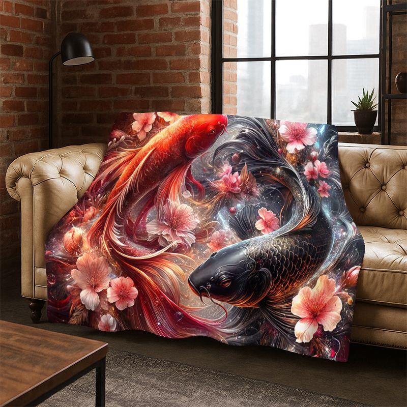 GOOD LUCK Koi Fish Yin Yang Carp Cartoon Flannel Blanket Soft Warm Throw Blanket for Bedroom Living Room Bed Travel Picnic Gift 75X95CM
