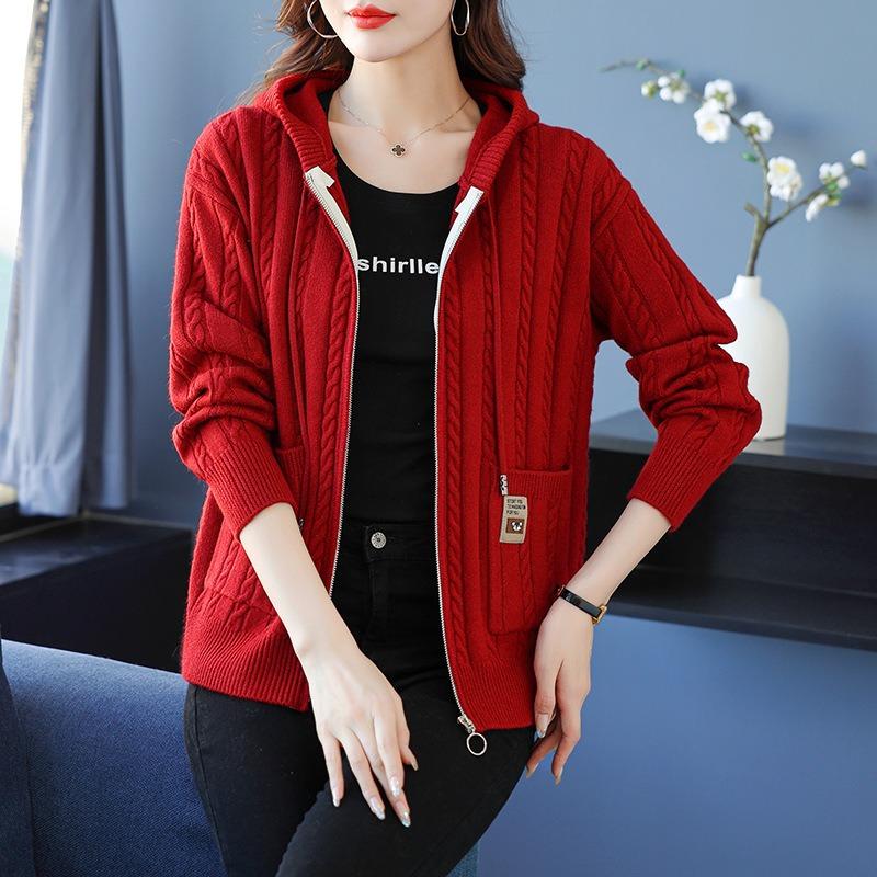 Twisted sweater jacket women's loose large size spring and autumn mother's hooded sweater with zipper on the outside knitted cardigan
