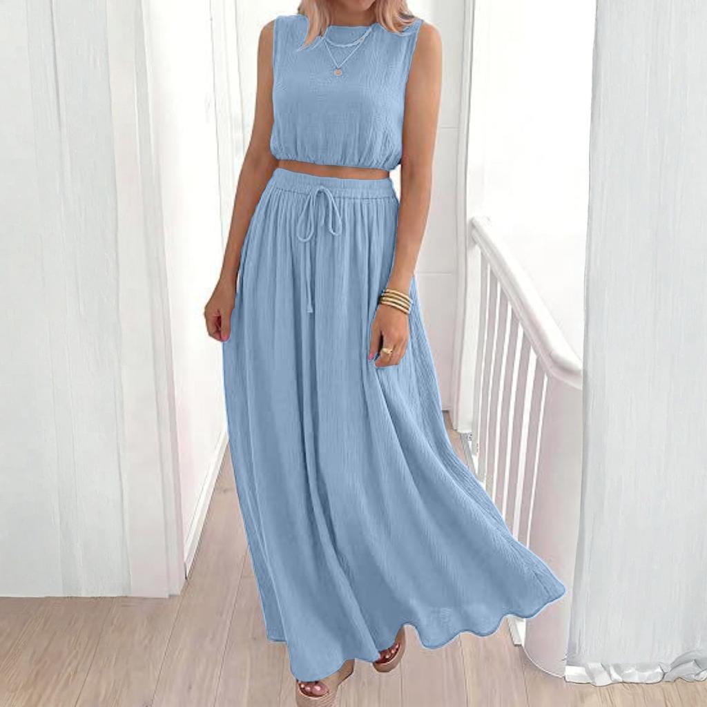Women's Short Sleeveless And Long Skirt Set With Pockets