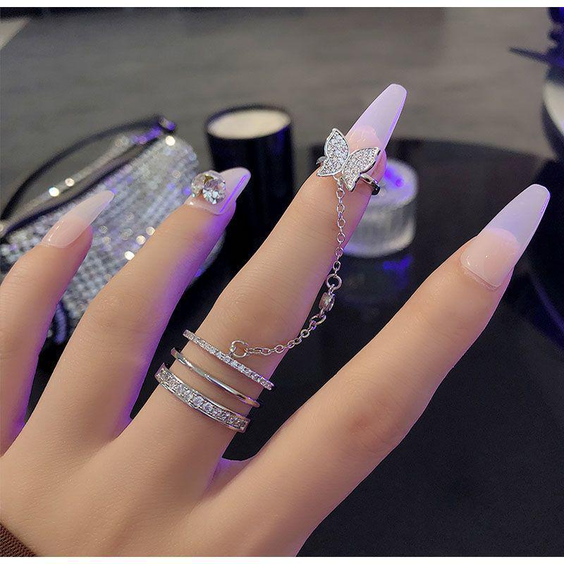 Butterfly Rhinestone Double-Finger Tassel Ring - Women's Unique Chain Design