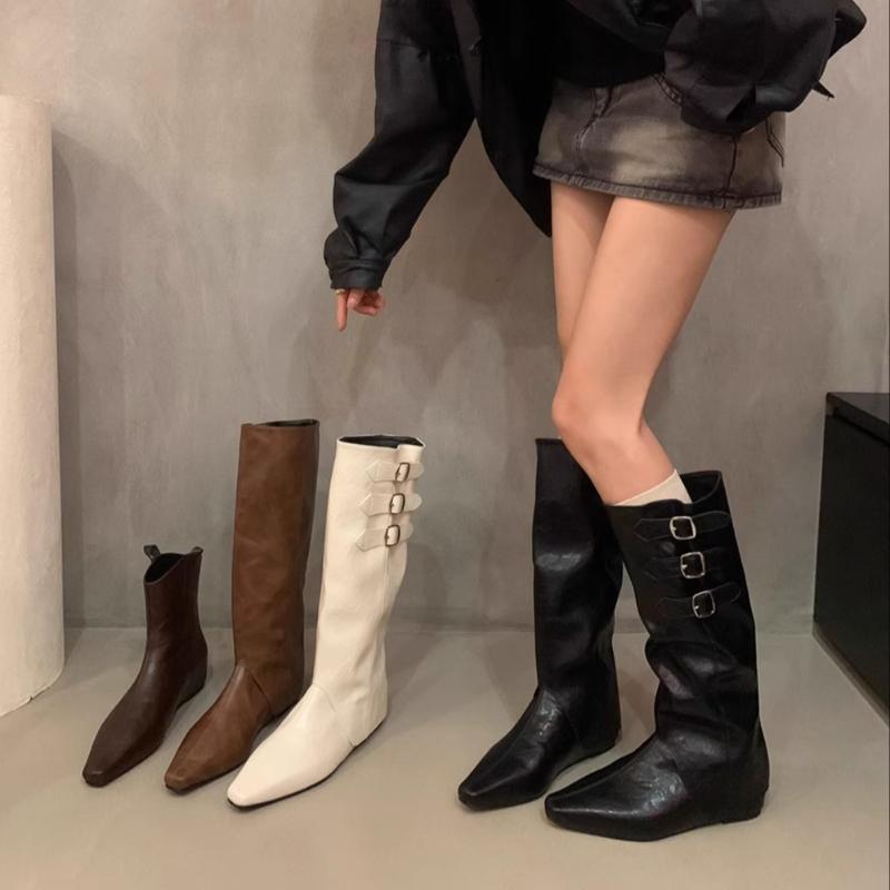 Cosy Soft Leather Women Knight Long Boots Fashion Button Combination Splicing Female Western Cowboy Booties
