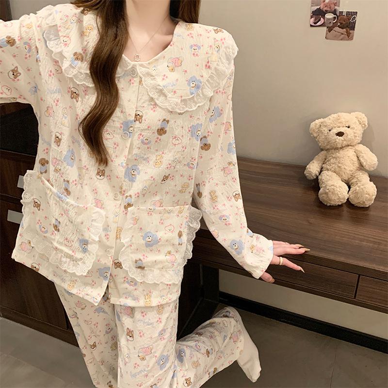 Cartoon Lace Doll Collar Cloud Cotton Long-Sleeved Pajamas Women'S Spring And Autumn Winter Sweet Wind Loungewear