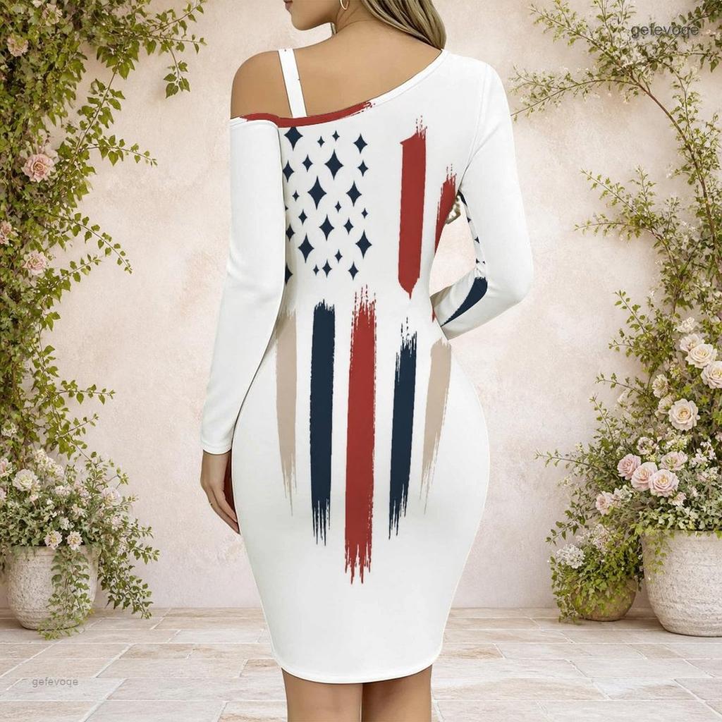 Women Plus Size One Shoulder Cold Shoulder Long Sleeve Printed Chain Strap Cross Hem Bodycon Dress