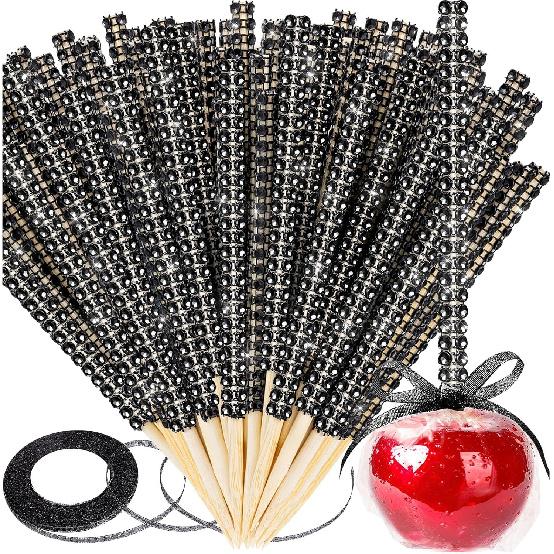 Silver Candy Apple Sticks, 26Pcs Bling Caramel Apple Wooden Pointed Skewers, Fruit Treats Cake Pop Decorative Sticks with Glass Bag Glitter Ribbons
