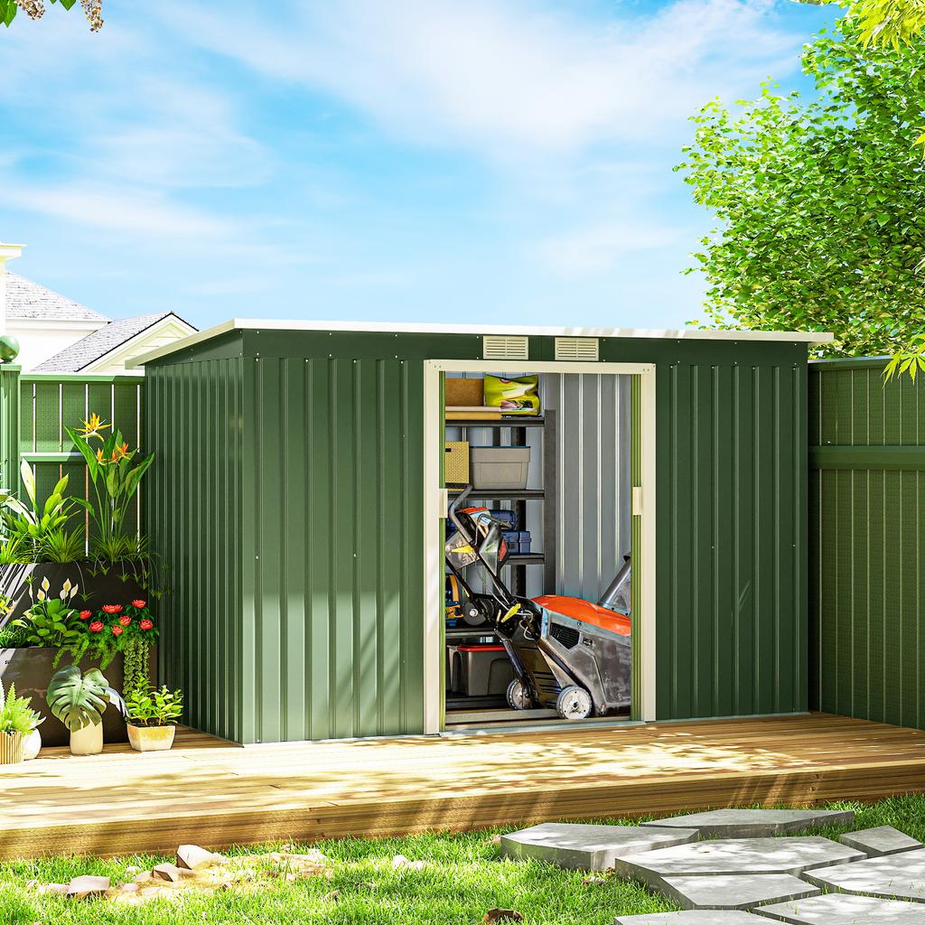 Metall-Werkzeughaus 6,3m³ 280x130x172cm Werkzeugschuppen mit Pultdach Schiebetür Wetterfestes Gartenhaus Outdoor Gartenhaus Schrank für Hinterhof Outdoor