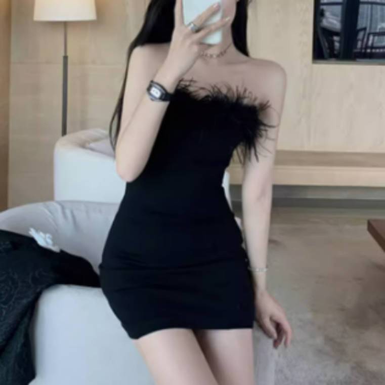Design dress summer autumn black tube top shoulder evening dress birthday party small gift dress high sense