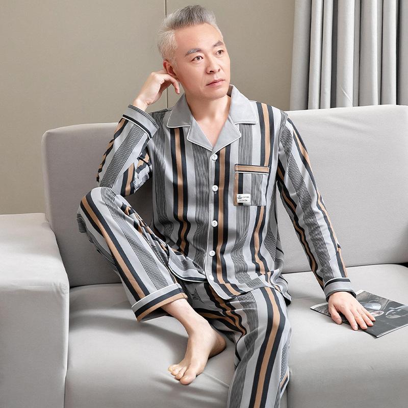 Men's pure cotton pajamas Dad's long-sleeved loungewear for the elderly Men's spring, autumn and winter red natal year suit