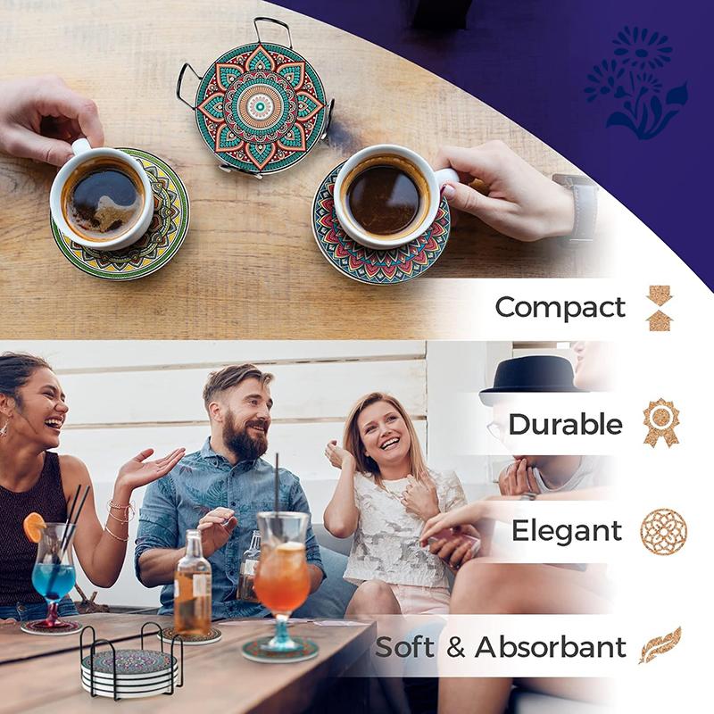 

8 Pcs Heat Resistant Wooden Coasters - Non-Slip Mandala Table Mats for Coffee Tea & Drinks United States
