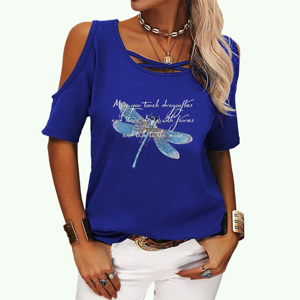 Tricou cu umăr în afara modului pentru femei, tricou cu mânecă scurtă, guler rotund de vară, pulover pentru femei, ocazional, tricou cu imprimeu fluture