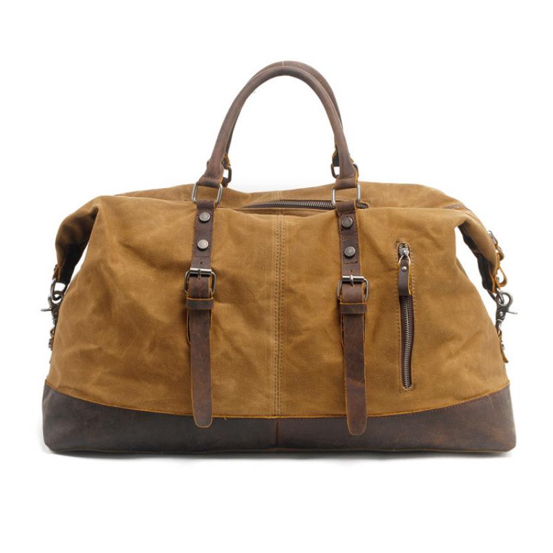 Borsa da Viaggio da Uomo di Grande Capacità, Borsa da Bagaglio a Tracolla in Tela Cerata Impermeabile Stile Europeo e Americano con Pelle Crazy Horse