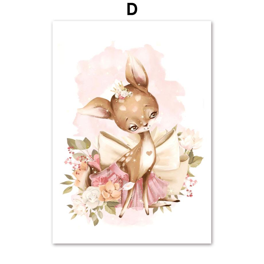 Kawaii Fawn Bunny Fox Princess Crown Wall Art Canvas Painting Posters and Prints Nordic Children's Room Decoration Pictures