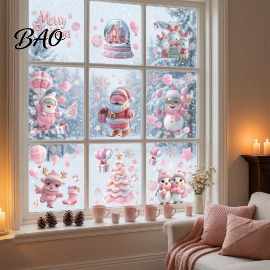 Office Holiday Wall Stickers 9Pcs Pink Christmas Static Window Clings, Santa Snowman Bunny Penguin Glass Creative Collage Decals, Reusable Xmas