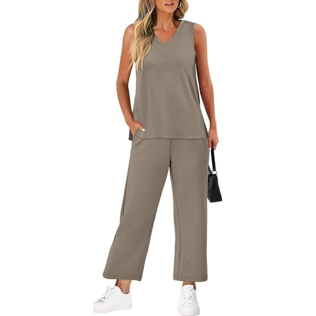 Women's Loose Fit Two Piece Outfit Sleeveless V Neck Tank Top Drawstring Waist Wide Leg Pants Tracksuit
