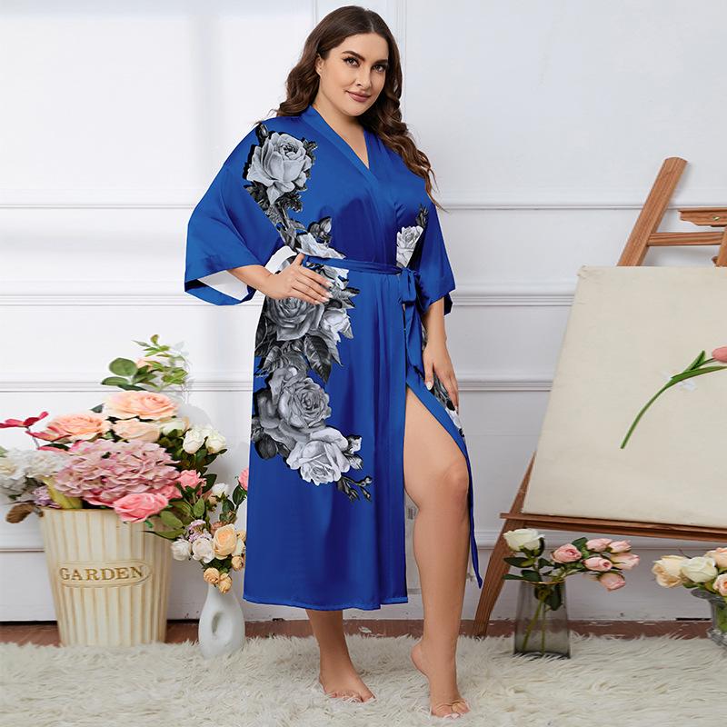 Übergröße Satin Sommer Pyjama & Bademantel Set für Damen - Leichter Luxus Eisseide