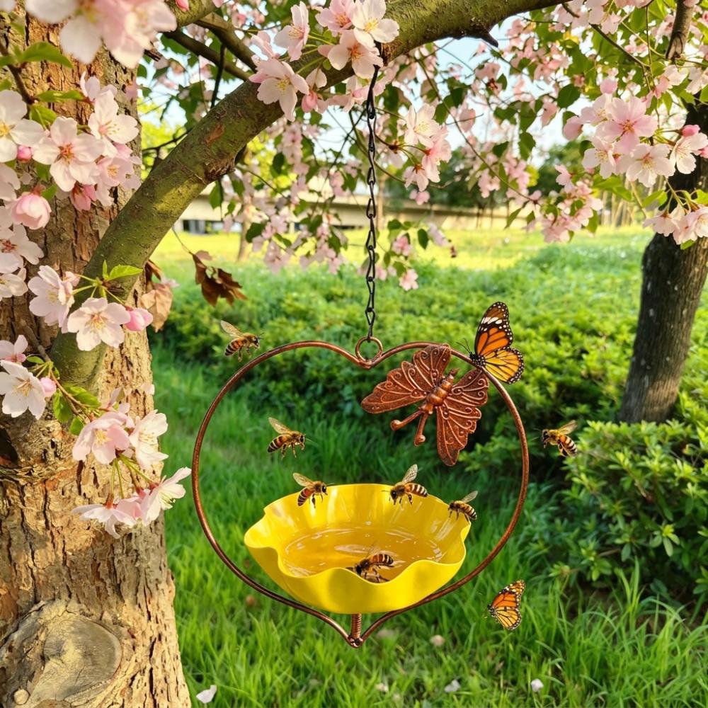 Iron Art Heart Shape Bird Feeder Wide-Mouth Retro Bird Bath Flower Bird Water Feeder  Balcony Use Yellow Butterfly