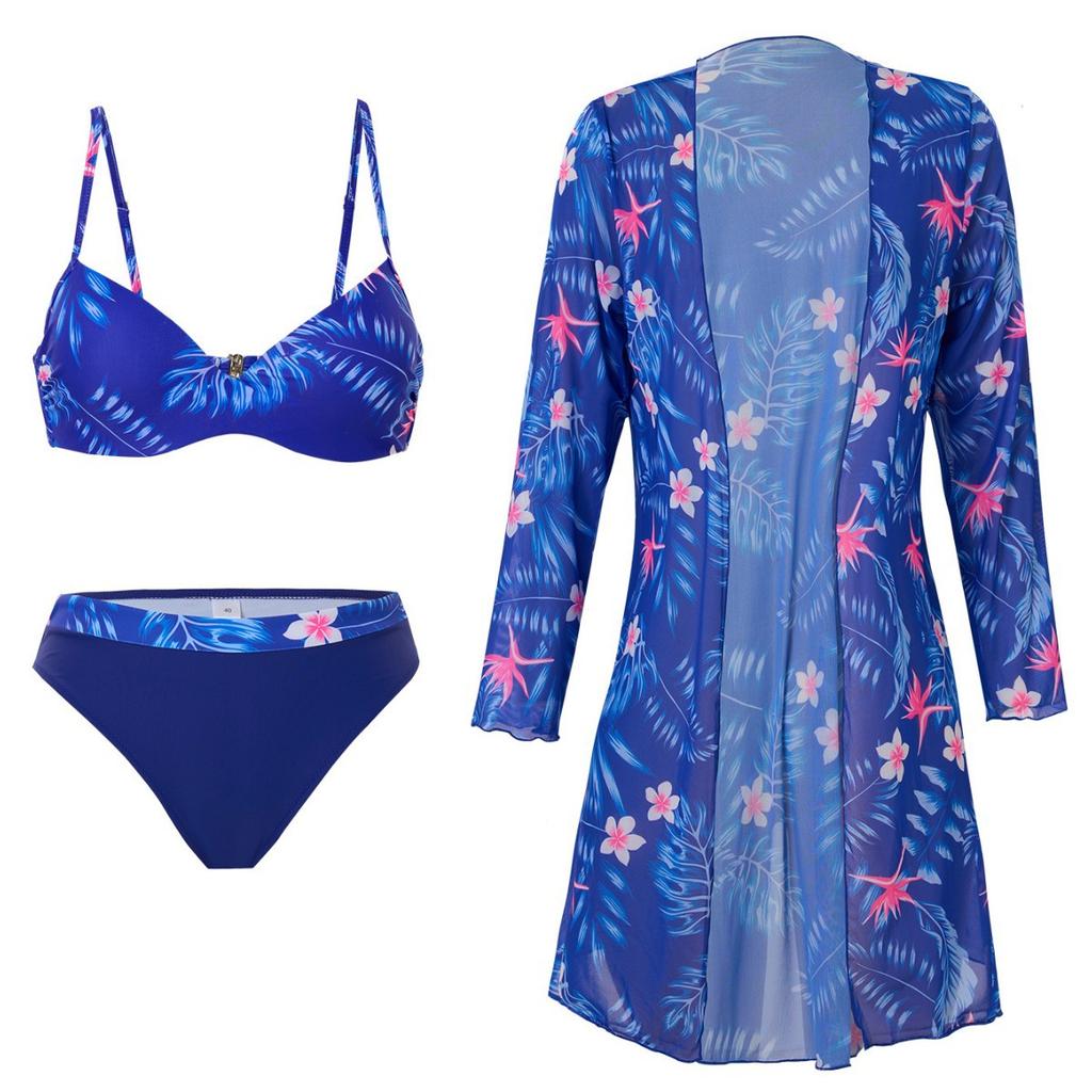 TS JYL-BK043 Mesh Cover Three-Piece Bikini, Plus Size Print Sexy Swimwear For Beach