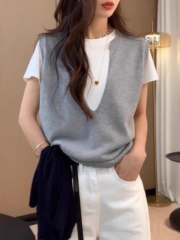 

Plus Size Women s Faux Two-Piece Slimming Short Sleeve Ice Silk Knit Top - 2025 Collection 3XL - for 148-164 jin