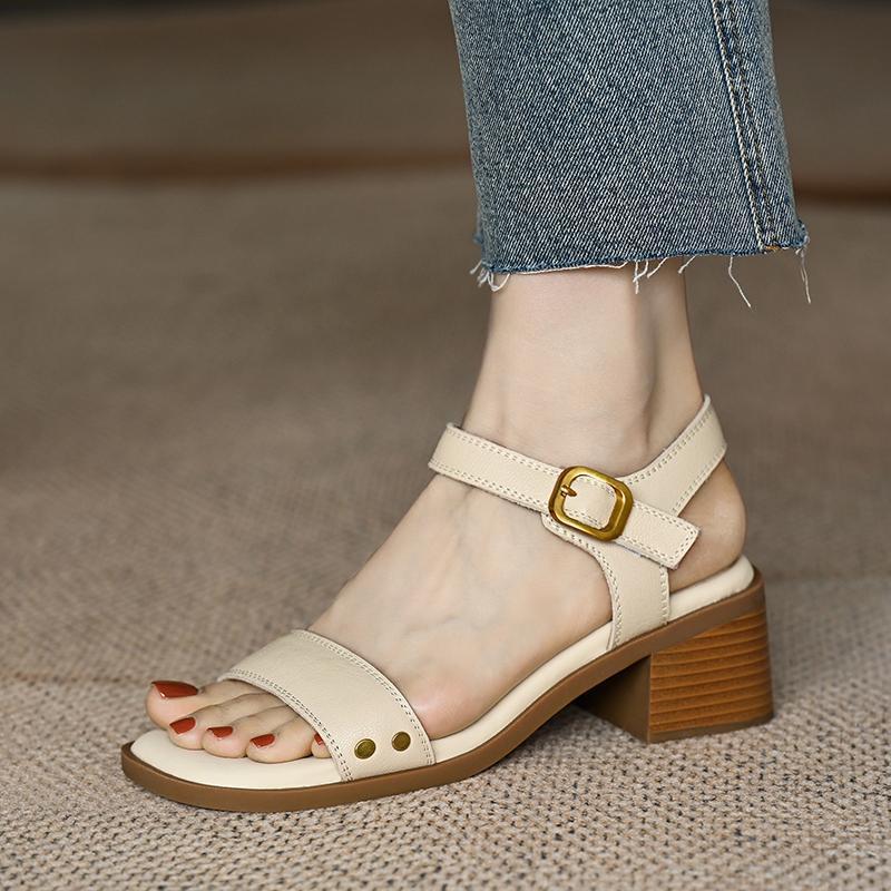 Retro Thick-heeled Sandals Women's Summer 2025 New Foreign-style Open-toed Non-slip Soft-soled One-word Buckle Women's Sandals