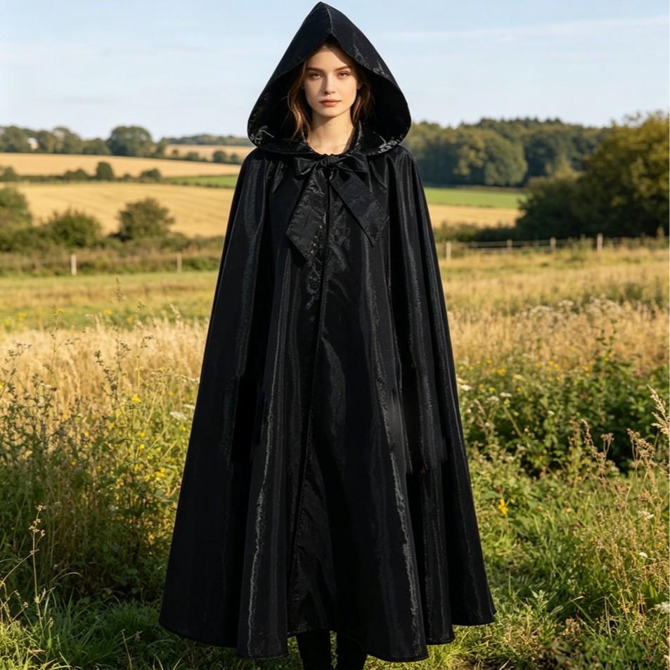 Halloween Cape Cloak with Hood for Adults Kids, Cosplay Costume, Tie Neck, Mid-Length Cape, Party Accessory, Magic Wizard Robe, Multipurpose