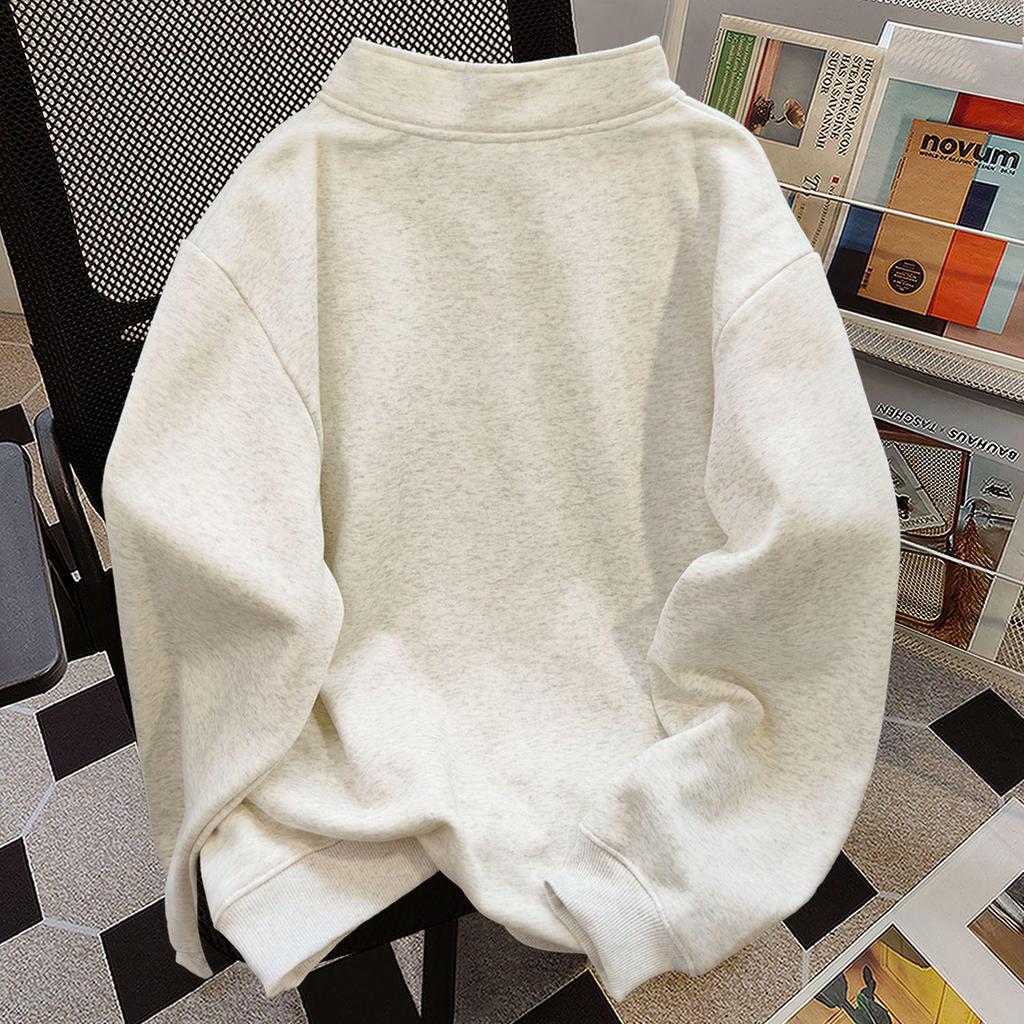 Women's American Retro Cotton Half-Zip Polo Hoodie with Velvet - Autumn/Winter Fashion Trend