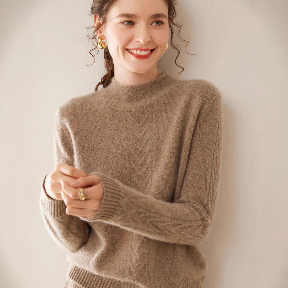 Women's Cable Knit Cashmere Pullover with Built-in Stand-up Collar Base Layer Sweater