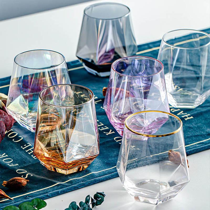 6pcs/lot Whiskey Glass Diamond Crystal Wine Glass Cup Golden Transparent Coffee Mug Cup Milk Tea Mugs Beer Glass Bar Drinkware