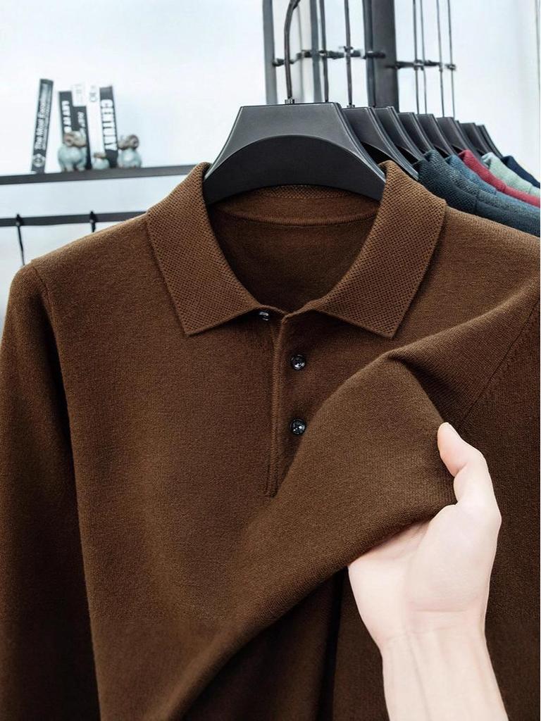 Men's Lapel Solid Color Warm Knit Sweater - Thickened Wool, Cashmere Feel, 2025 Autumn/Winter Collection