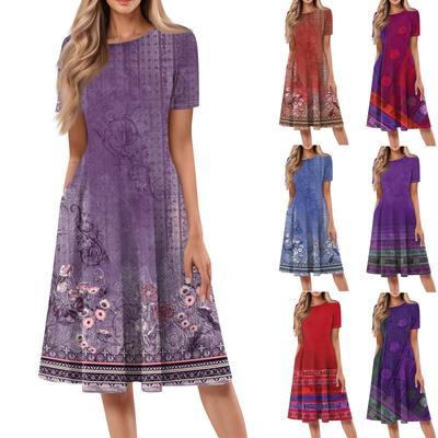 Vestido Longo Casual Feminino Estampado com Gola Redonda