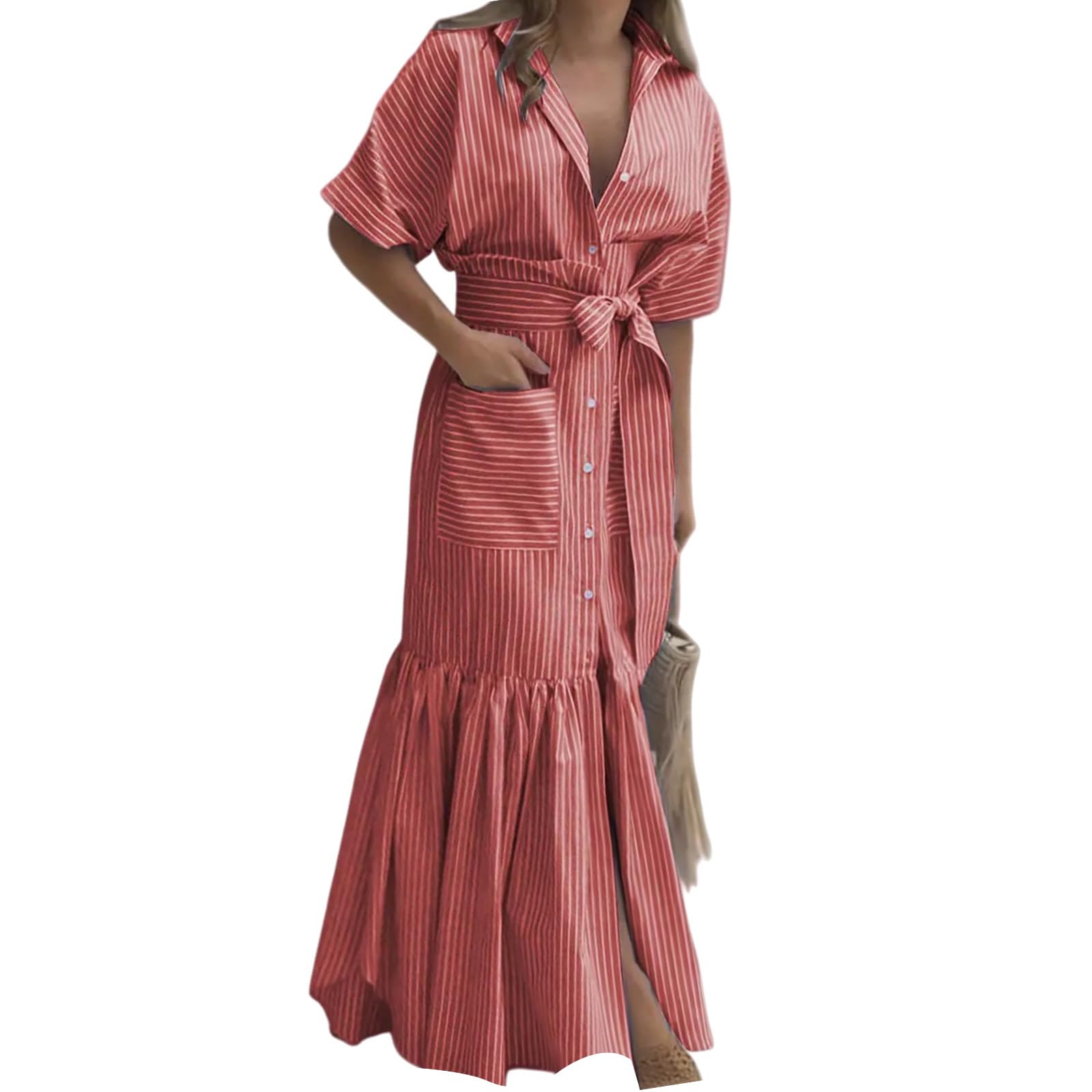 Женская модная полосатая воротничковая короткорукавная карманная на пуговицах с ремешком свободная длинная рубашка-платье S