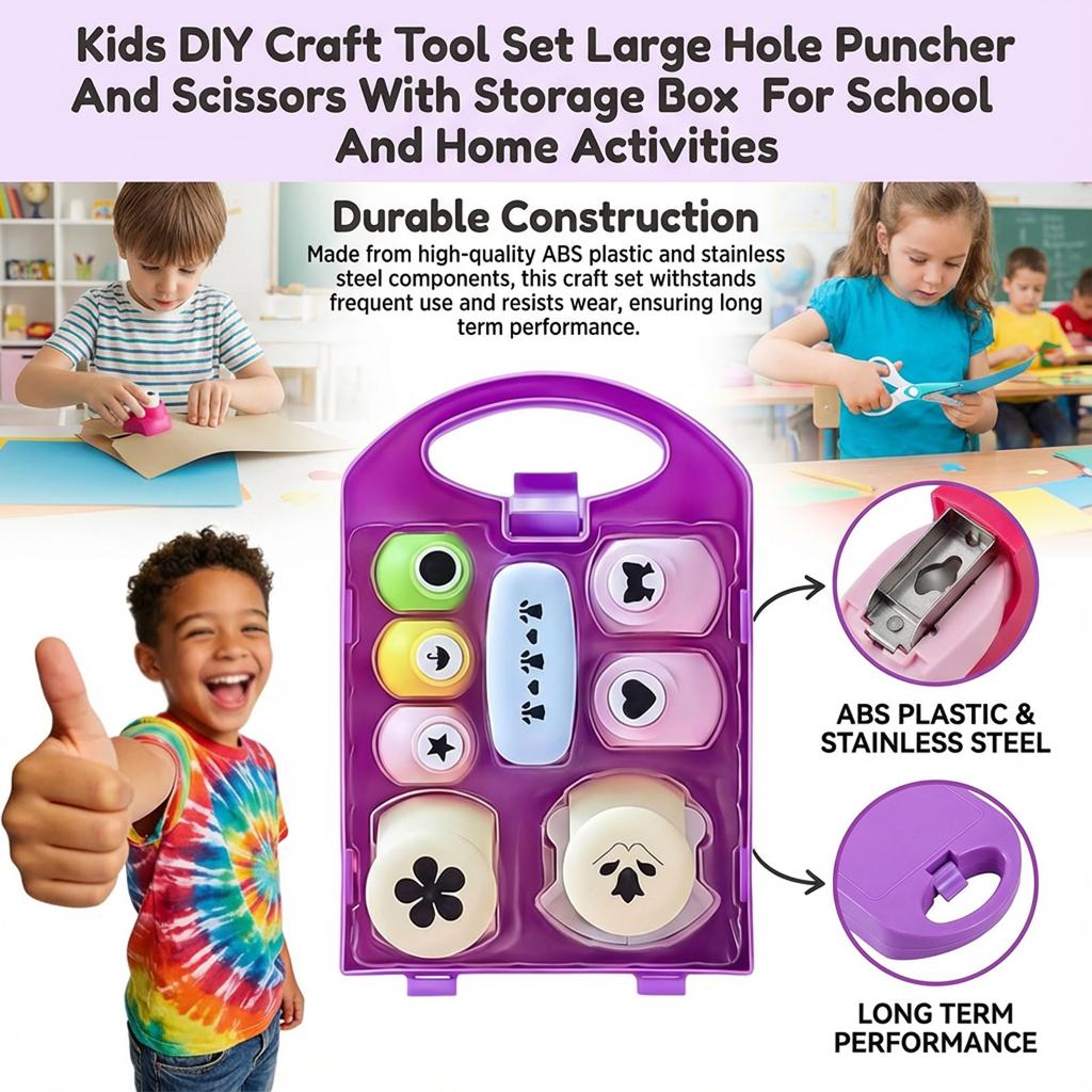 Kids DIY Craft Tool Set Large Hole Puncher And Scissors With Storage Box For School And Home Activities