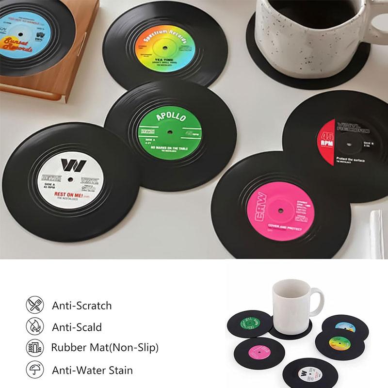 6 Pcs Vinyl Record Coasters Set Non-Slip Coasters for Drinks Retro Record Player Coasters for Music Lovers Kitchen Decoration