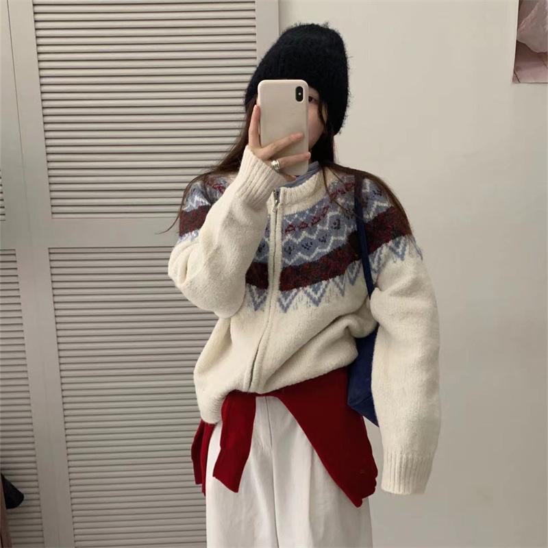 Premium Retro Heavy Industry Fair Island Crew Neck Jacquard Zipper Knitted Cardigan Women's Soft Waxy Thickened Sweater Jacket Winter