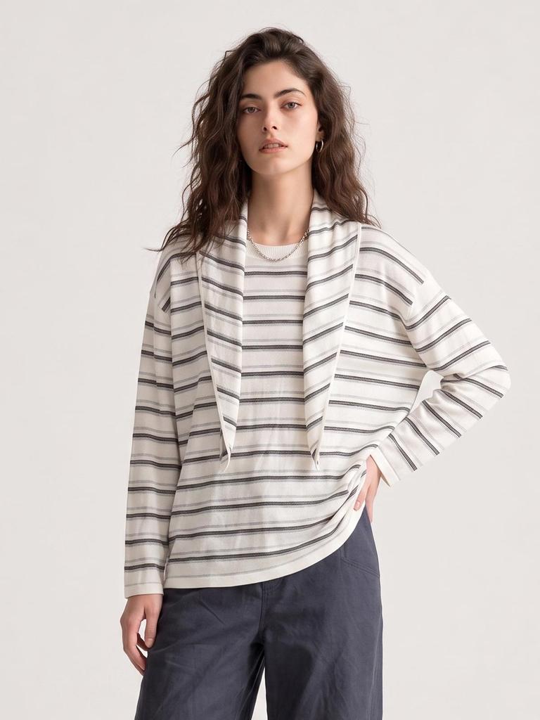 Women's Lightweight Striped Wool Pullover Sweater & Scarf Set - Anti-static, Machine Washable