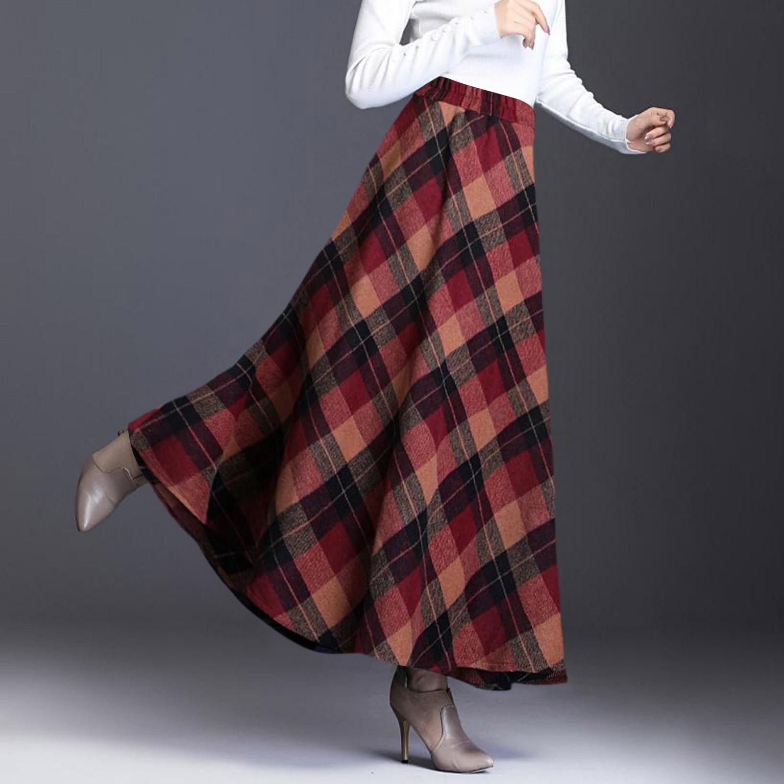 Женская повседневная модная ретро шерстяная клетчатая юбка миди, зимняя с высокой талией А-силуэта шерстяная юбка, длинная юбка, юбка миди XL