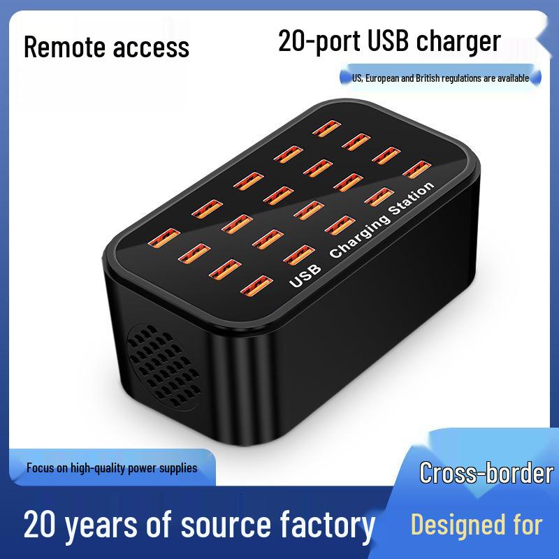 100W 20-Port USB Charger, High-Power 5V/2A Multi-Port Charging Station Blue-Black