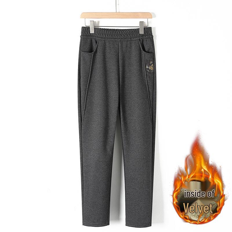 Mom's Versatile Plus Velvet Elastic Waist Straight Leg Pants - Thickened Winter Trousers for Middle-Aged and Elderly Women