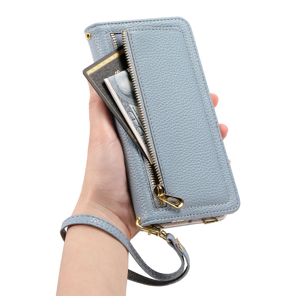 ESEBLE E11 For iPhone 14 Pro Max Case Zipper Pocket Litchi Texture Leather Phone Cover with Mirror and Wrist Strap