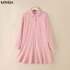 VONDA Women Lapel Neck Long Sleeve Solid Button Down Casual Ruffled Shirts Dress