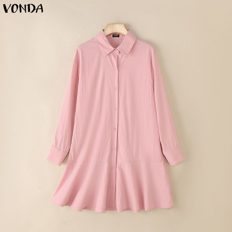 VONDA Women Lapel Neck Long Sleeve Solid Button Down Casual Ruffled Shirts Dress