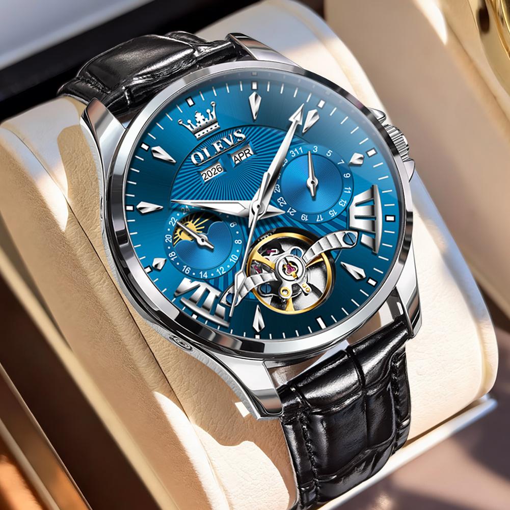 OLEVS Men's Watches Casual Fashion Leather Strap Original Automatic Mechanical Flywheel Movement Moon Phase Calendar Luminous